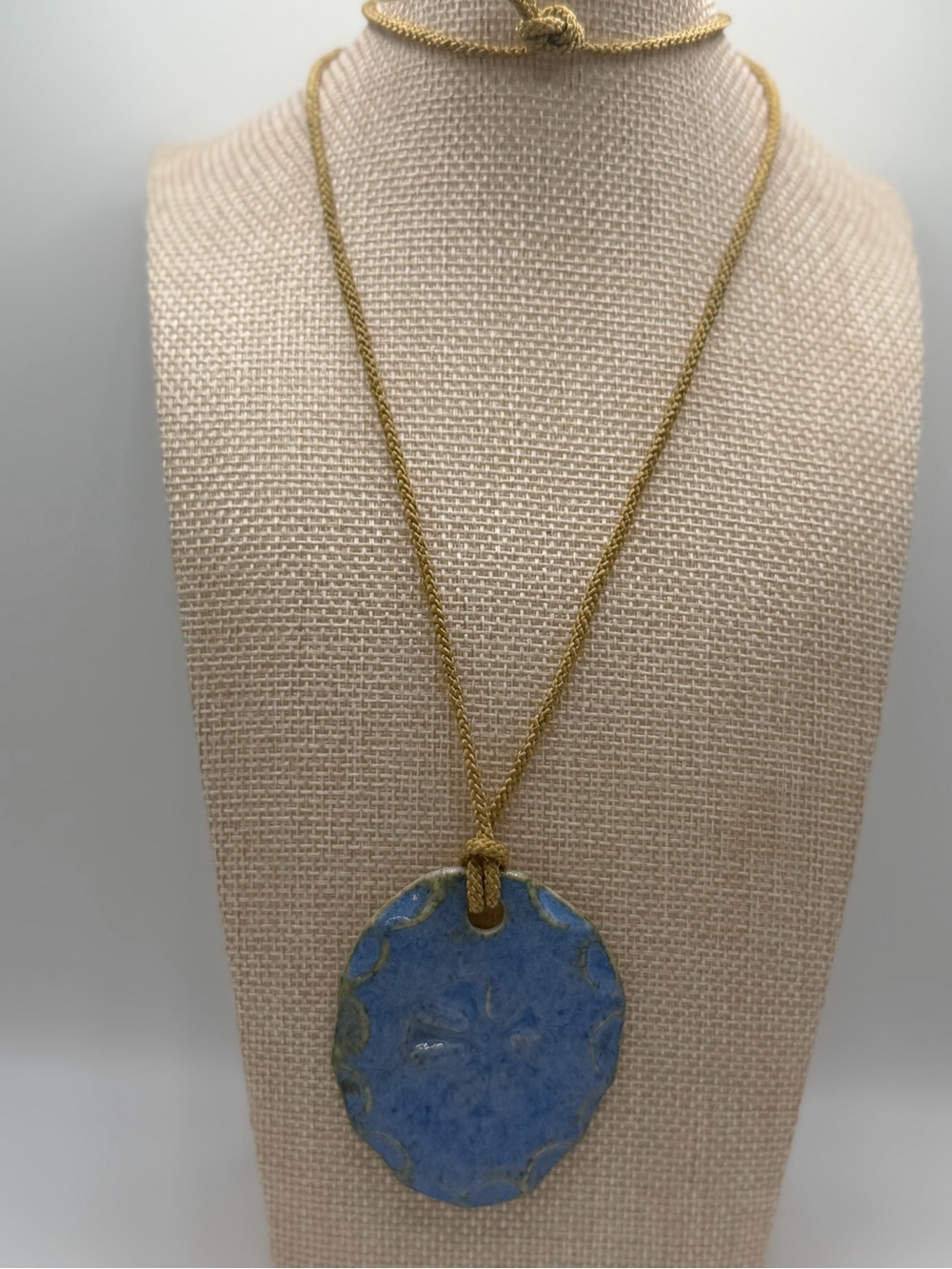 Blue Ceramic Pendant Necklace with Gold Cord